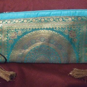 Upcycled Xmas Gift Teal and gold Mandela zipper make up bag Plus Bonus ACCS